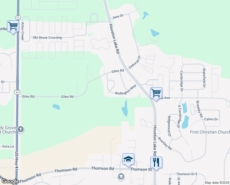 map of restaurants, bars, coffee shops, grocery stores, and more near 108 Squires Court in Warner Robins
