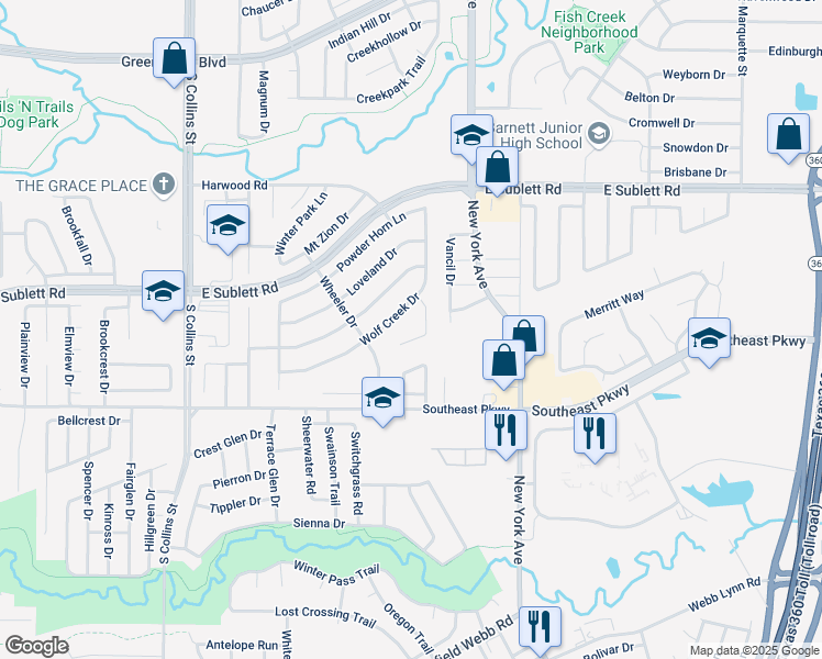map of restaurants, bars, coffee shops, grocery stores, and more near 1619 Wolf Creek Drive in Arlington