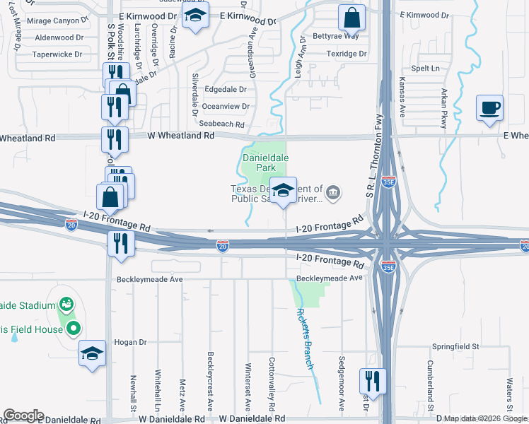 map of restaurants, bars, coffee shops, grocery stores, and more near 8601 Willoughby Boulevard in Dallas