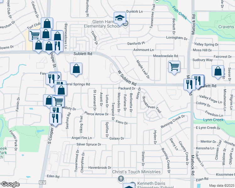 map of restaurants, bars, coffee shops, grocery stores, and more near 6206 Mercedes Drive in Arlington