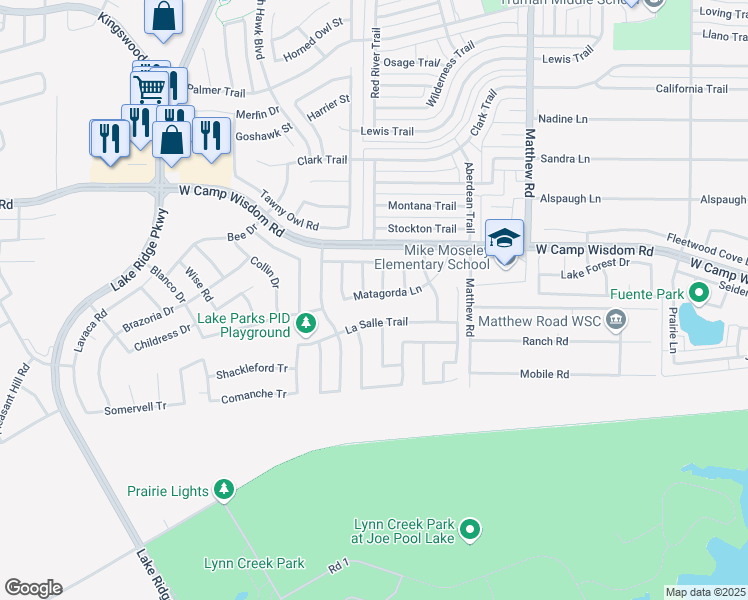 map of restaurants, bars, coffee shops, grocery stores, and more near 2123 Matagorda Lane in Grand Prairie