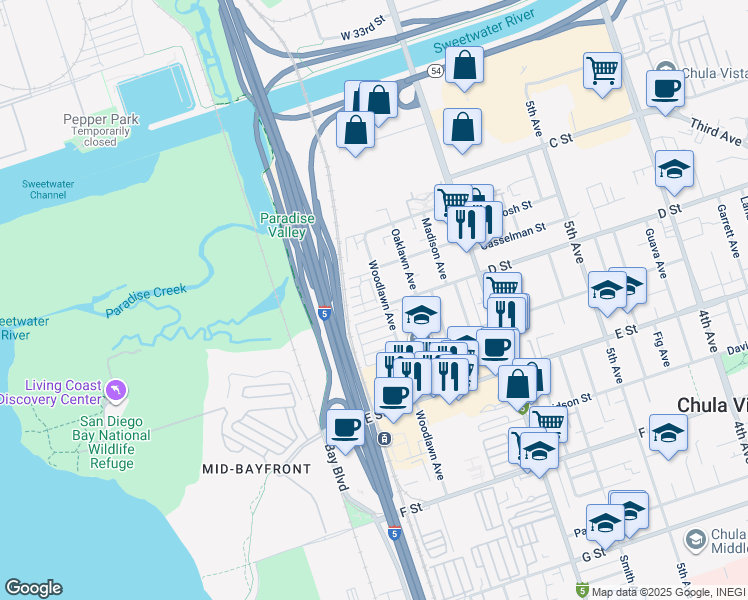 map of restaurants, bars, coffee shops, grocery stores, and more near 712 Shoreline Road in Chula Vista