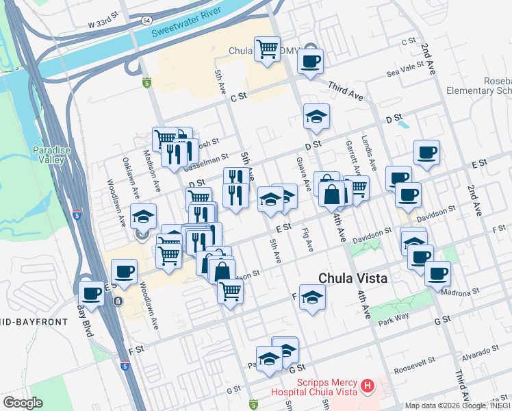 map of restaurants, bars, coffee shops, grocery stores, and more near 497 Flower Street in Chula Vista