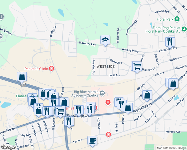map of restaurants, bars, coffee shops, grocery stores, and more near 700 Rosalind Street in Opelika