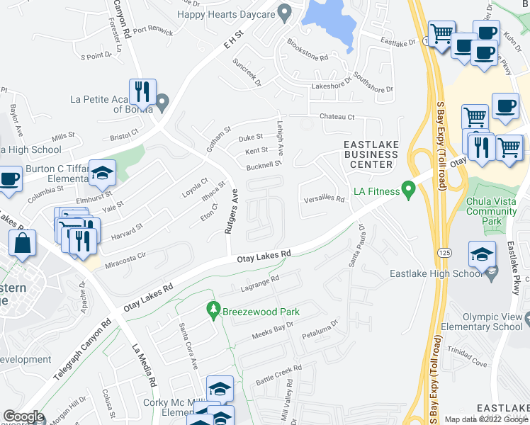 map of restaurants, bars, coffee shops, grocery stores, and more near 1925 Otay Lakes Road in Chula Vista