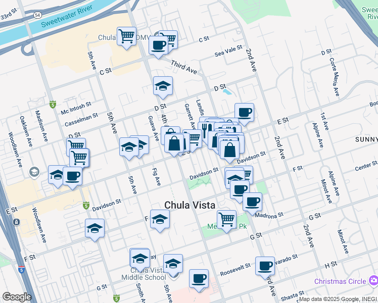 map of restaurants, bars, coffee shops, grocery stores, and more near E Street & Glover Avenue in Chula Vista