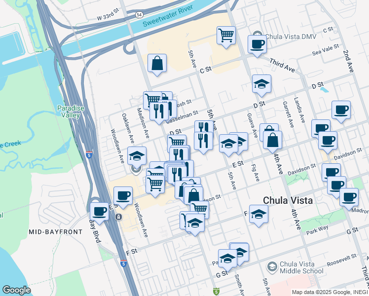 map of restaurants, bars, coffee shops, grocery stores, and more near 566 D Street in Chula Vista