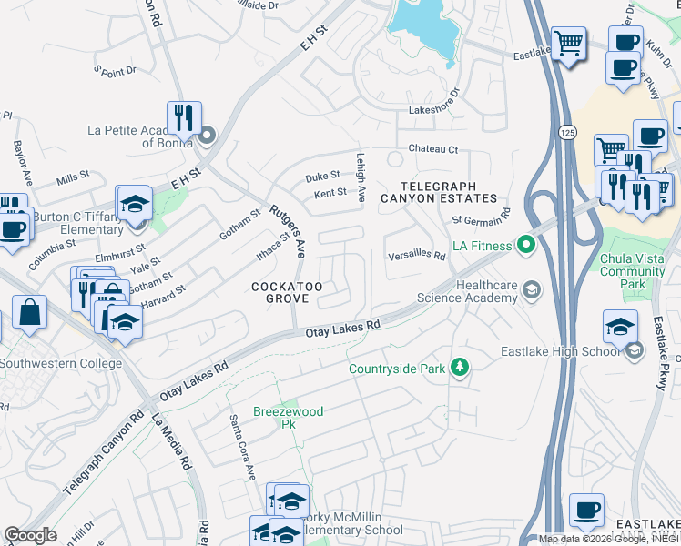 map of restaurants, bars, coffee shops, grocery stores, and more near 1925 Otay Lakes Road in Chula Vista
