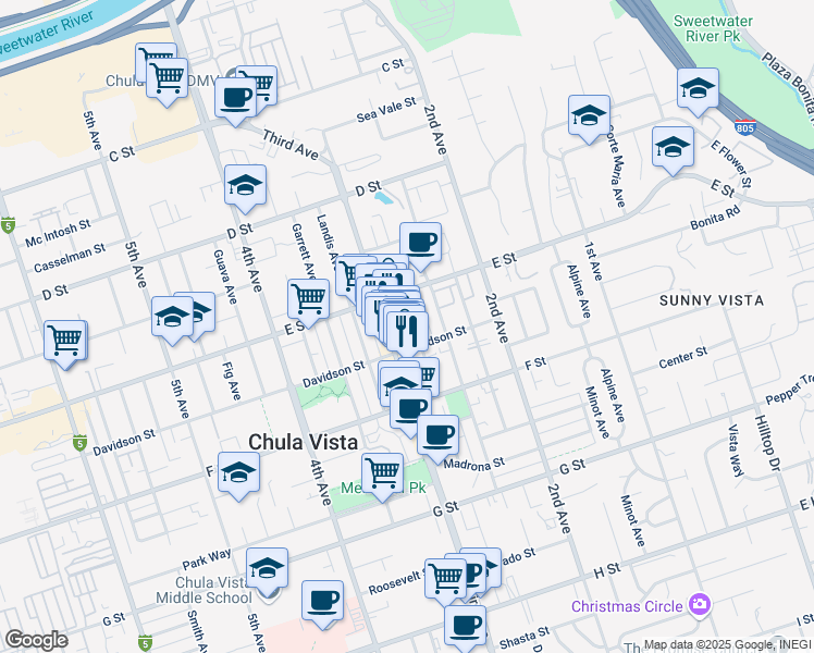 map of restaurants, bars, coffee shops, grocery stores, and more near 216 Del Mar Avenue in Chula Vista