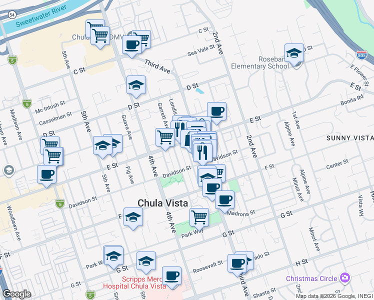 map of restaurants, bars, coffee shops, grocery stores, and more near 331 County Highway S17 in Chula Vista
