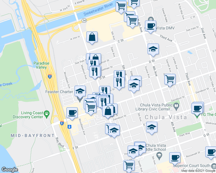 map of restaurants, bars, coffee shops, grocery stores, and more near 566 D Street in Chula Vista