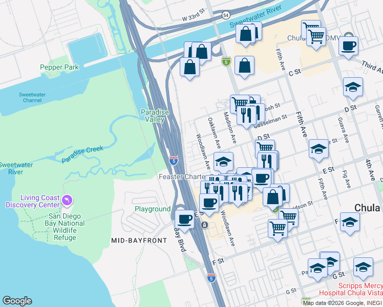 map of restaurants, bars, coffee shops, grocery stores, and more near 770 Seaside Street in Chula Vista