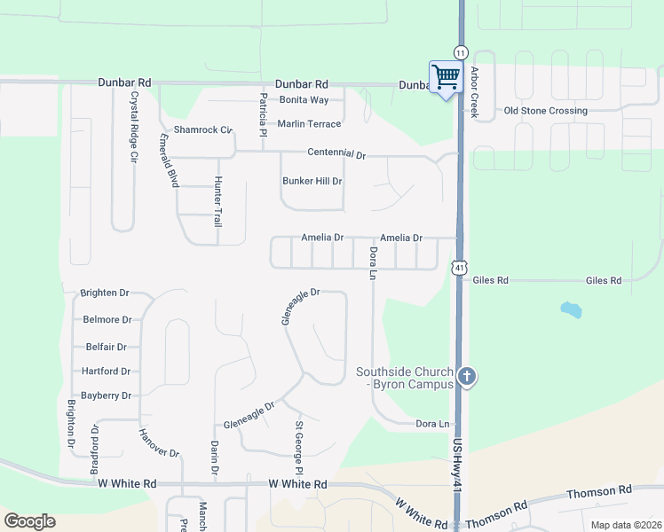 map of restaurants, bars, coffee shops, grocery stores, and more near 707 Fernandina Drive in Byron