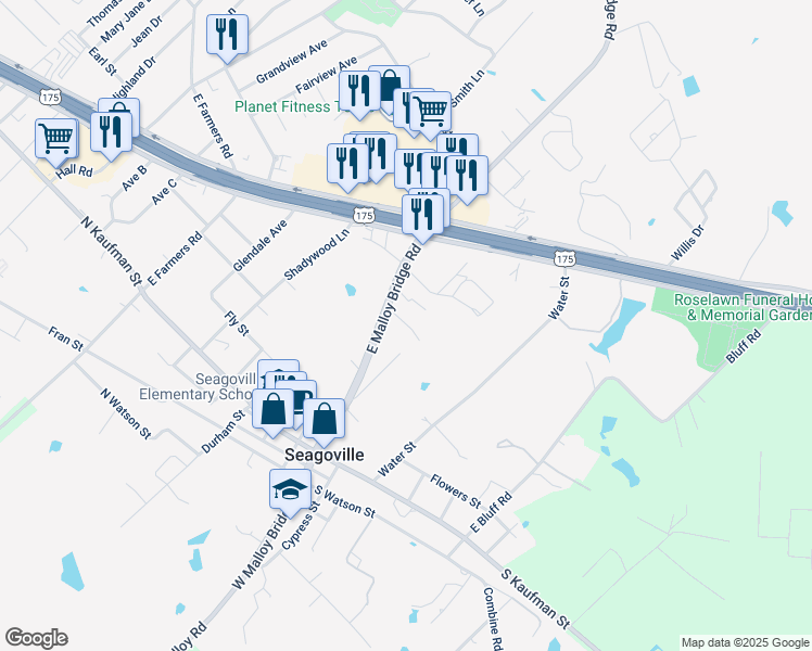 map of restaurants, bars, coffee shops, grocery stores, and more near 2 Connecting Road in Seagoville
