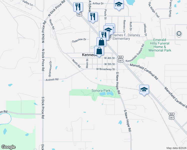 map of restaurants, bars, coffee shops, grocery stores, and more near 315 West Broadway Street in Kennedale