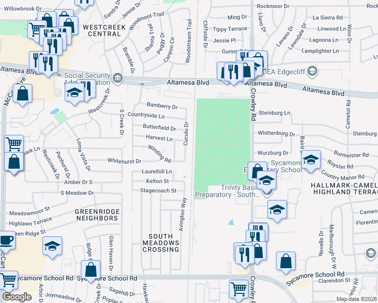 map of restaurants, bars, coffee shops, grocery stores, and more near 6800 Cuculu Drive in Fort Worth