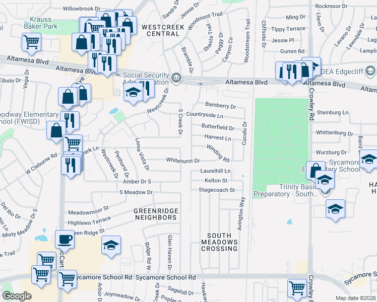 map of restaurants, bars, coffee shops, grocery stores, and more near 6806 Brookhaven Trail in Fort Worth