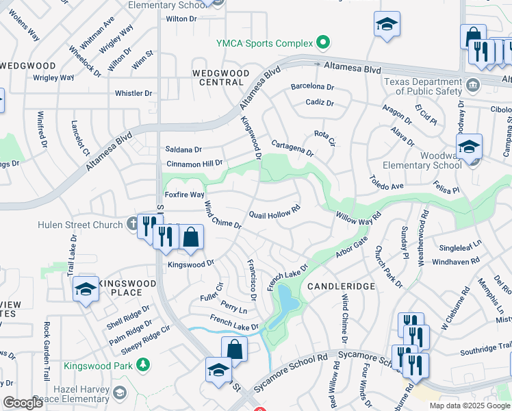 map of restaurants, bars, coffee shops, grocery stores, and more near 4505 Foxfire Way in Fort Worth