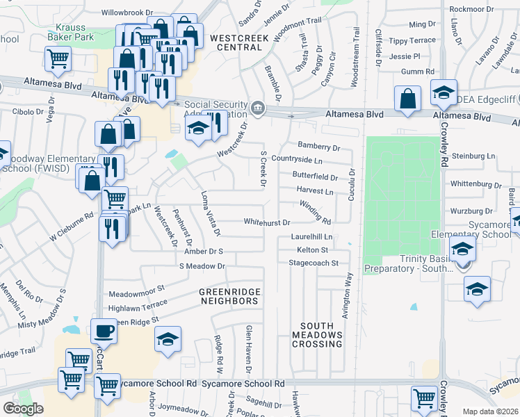 map of restaurants, bars, coffee shops, grocery stores, and more near 6815 South Creek Drive in Fort Worth