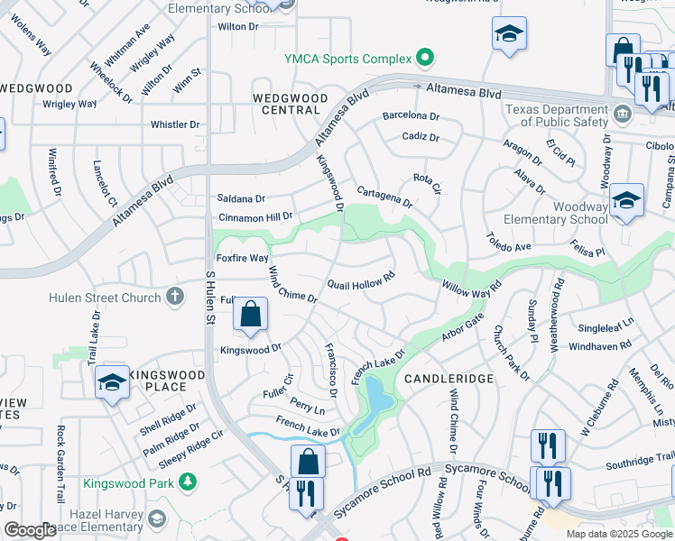 map of restaurants, bars, coffee shops, grocery stores, and more near 4505 Foxfire Way in Fort Worth