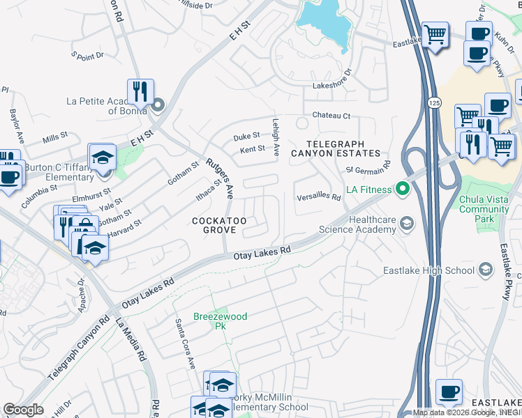 map of restaurants, bars, coffee shops, grocery stores, and more near 1925 Otay Lakes Road in Chula Vista