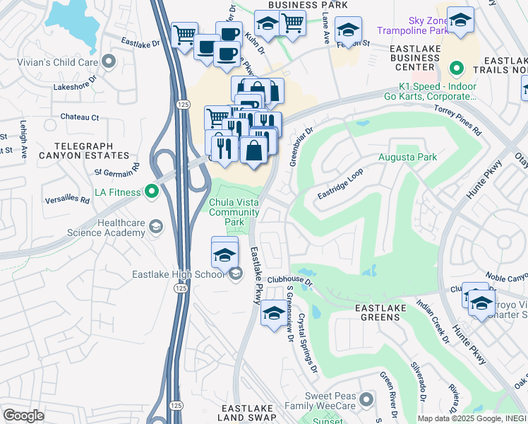map of restaurants, bars, coffee shops, grocery stores, and more near 1049 Laguna Seca Loop in Chula Vista