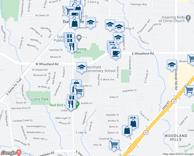 map of restaurants, bars, coffee shops, grocery stores, and more near 311 East Mona Avenue in Duncanville