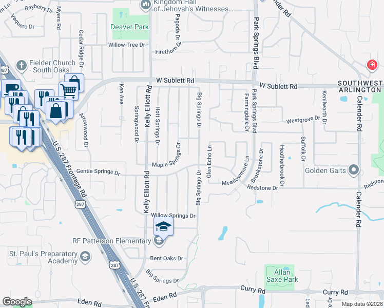 map of restaurants, bars, coffee shops, grocery stores, and more near 6221 Big Springs Drive in Arlington