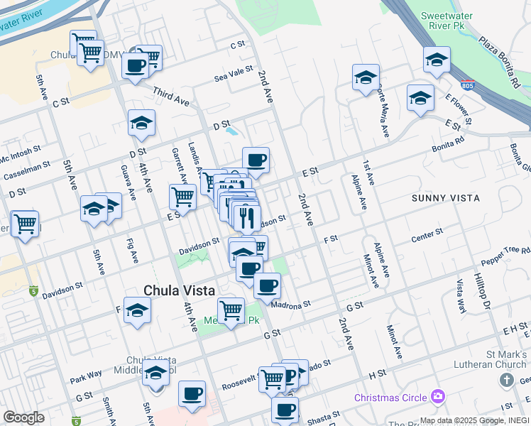 map of restaurants, bars, coffee shops, grocery stores, and more near 216 Del Mar Avenue in Chula Vista