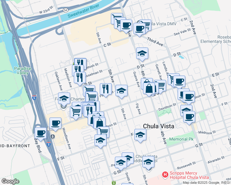 map of restaurants, bars, coffee shops, grocery stores, and more near 497 Flower Street in Chula Vista
