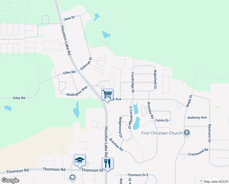 map of restaurants, bars, coffee shops, grocery stores, and more near 109 Surrey Drive in Warner Robins