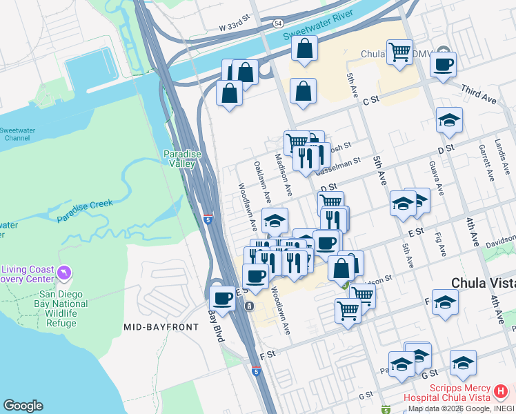 map of restaurants, bars, coffee shops, grocery stores, and more near 79 Woodlawn Avenue in Chula Vista