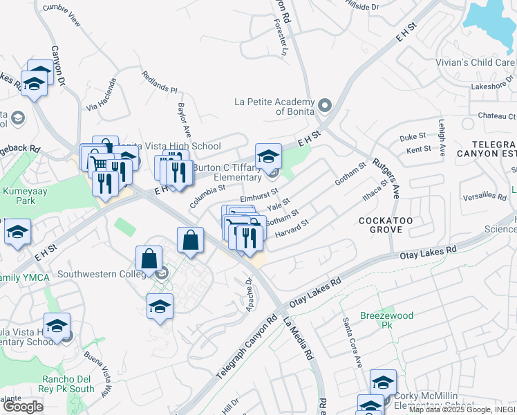 map of restaurants, bars, coffee shops, grocery stores, and more near 1665 Yale Street in Chula Vista