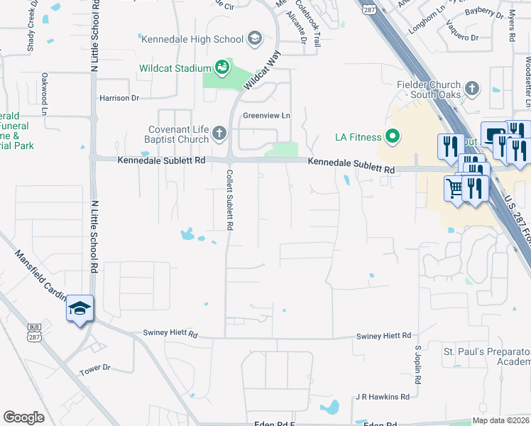 map of restaurants, bars, coffee shops, grocery stores, and more near 1221 Peggy Lane in Kennedale