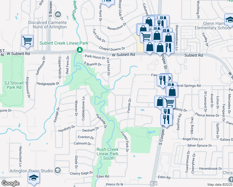 map of restaurants, bars, coffee shops, grocery stores, and more near 2021 Broadleaf Drive in Arlington