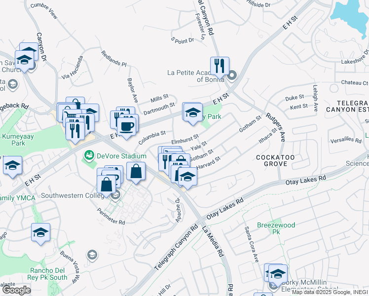 map of restaurants, bars, coffee shops, grocery stores, and more near 1665 Yale Street in Chula Vista