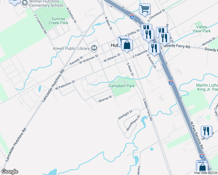 map of restaurants, bars, coffee shops, grocery stores, and more near 501 Breneman Street in Hutchins