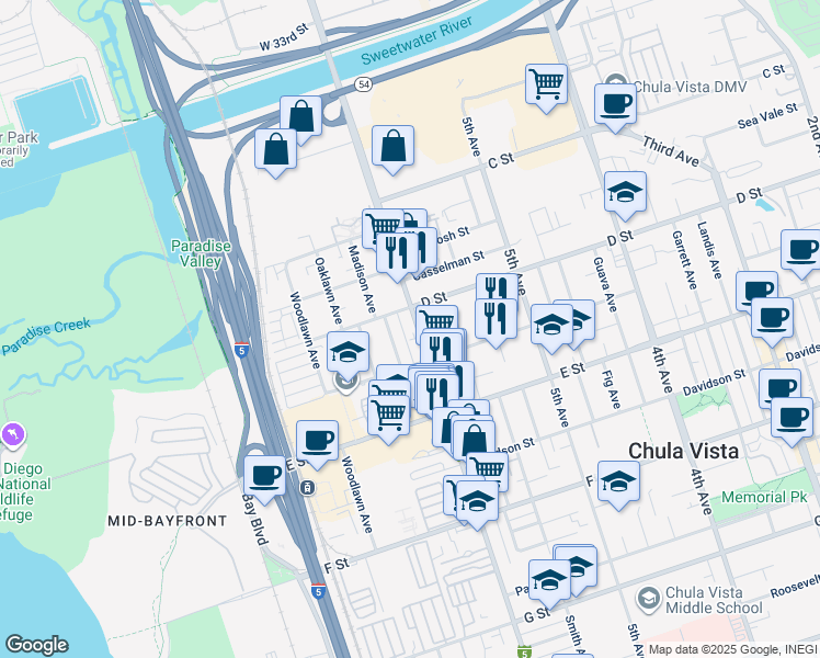 map of restaurants, bars, coffee shops, grocery stores, and more near 101 Broadway in Chula Vista