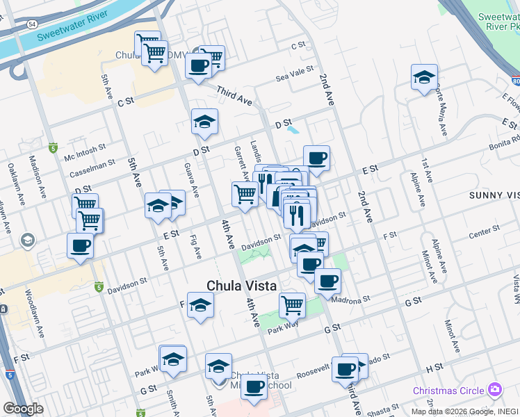 map of restaurants, bars, coffee shops, grocery stores, and more near 350 E Street in Chula Vista