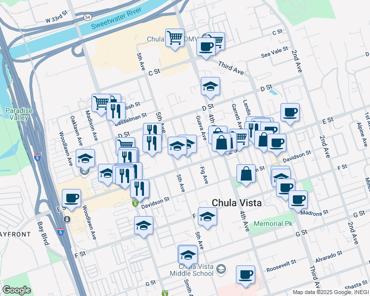 map of restaurants, bars, coffee shops, grocery stores, and more near 162 Brightwood Avenue in Chula Vista