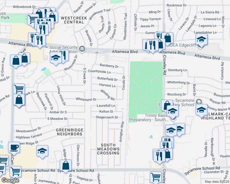 map of restaurants, bars, coffee shops, grocery stores, and more near 2553 Harvest Lane in Fort Worth