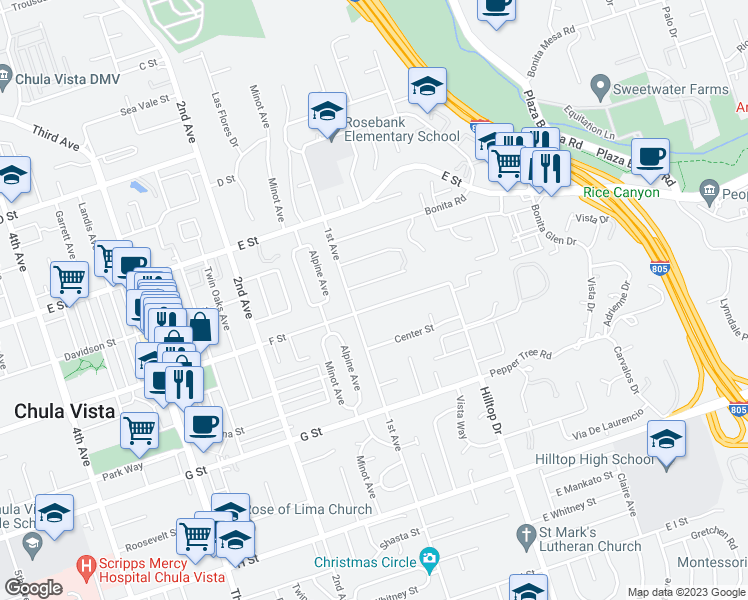 map of restaurants, bars, coffee shops, grocery stores, and more near 81 F Street in Chula Vista