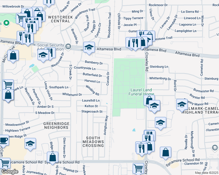 map of restaurants, bars, coffee shops, grocery stores, and more near 6800 Cuculu Drive in Fort Worth