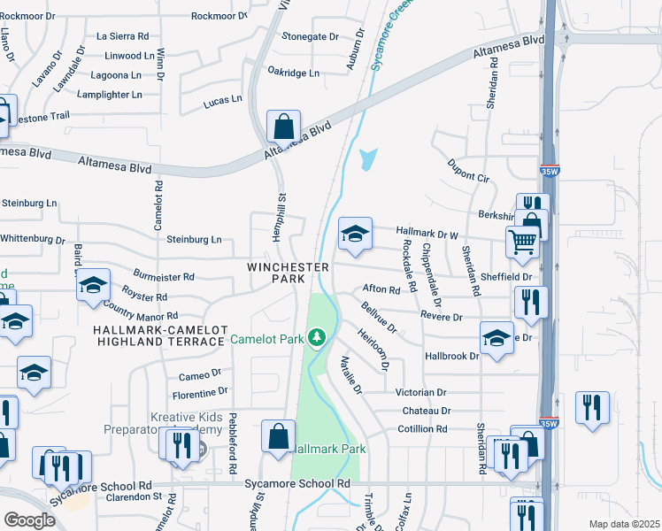 map of restaurants, bars, coffee shops, grocery stores, and more near 6936 Trimble Drive in Fort Worth