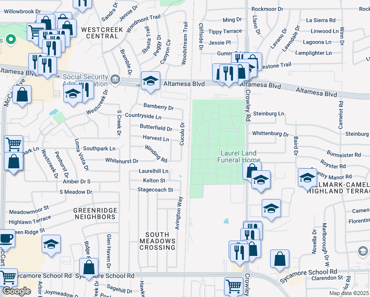 map of restaurants, bars, coffee shops, grocery stores, and more near 6800 Cuculu Drive in Fort Worth