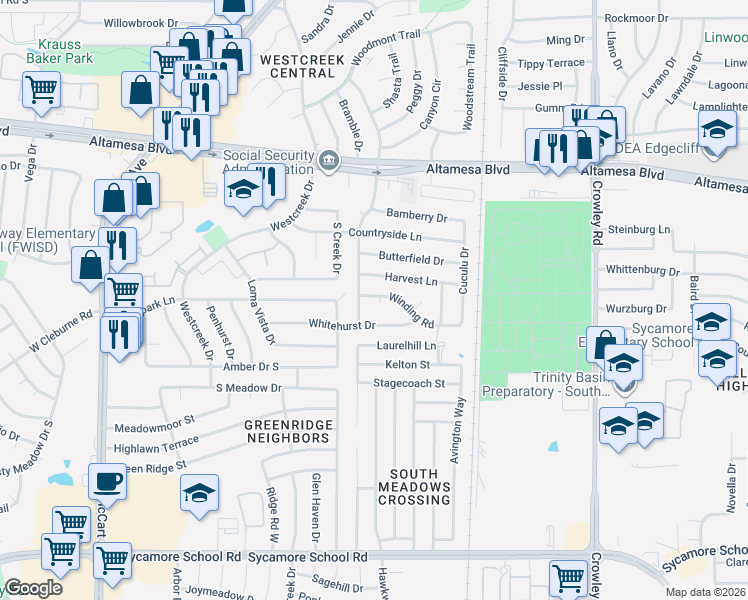 map of restaurants, bars, coffee shops, grocery stores, and more near 2616 Winding Road in Fort Worth