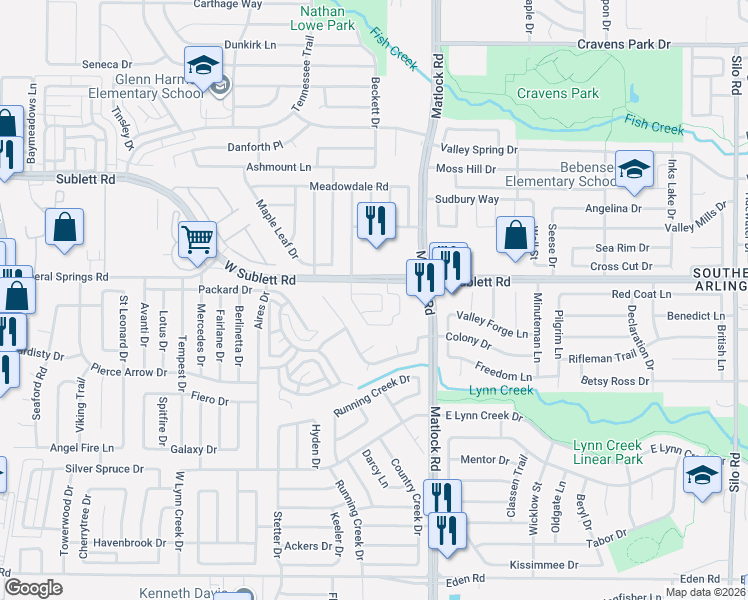 map of restaurants, bars, coffee shops, grocery stores, and more near 738 West Sublett Road in Arlington
