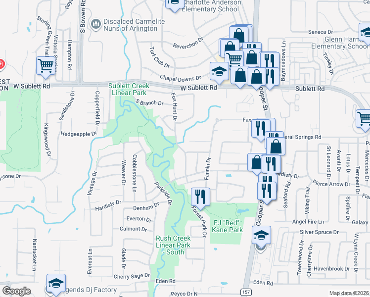 map of restaurants, bars, coffee shops, grocery stores, and more near 2024 Fawnhollow Court in Arlington