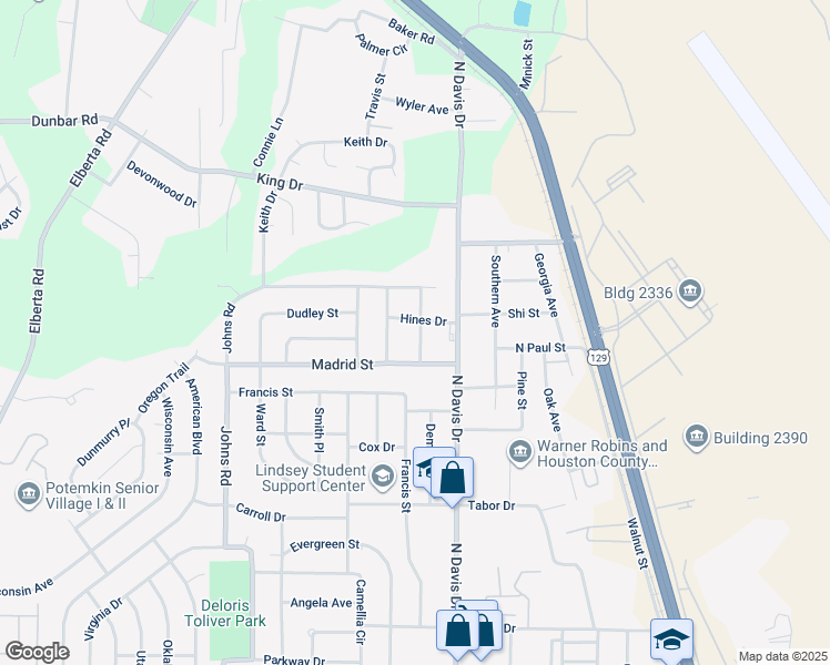 map of restaurants, bars, coffee shops, grocery stores, and more near 109 Elmwood Street in Warner Robins