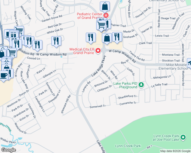 map of restaurants, bars, coffee shops, grocery stores, and more near 5427 Lavaca Road in Grand Prairie